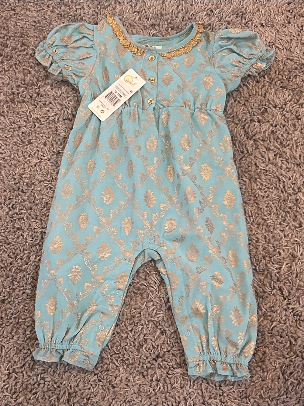 Peek Aqua Dress with Metallic Gold Damask Accents